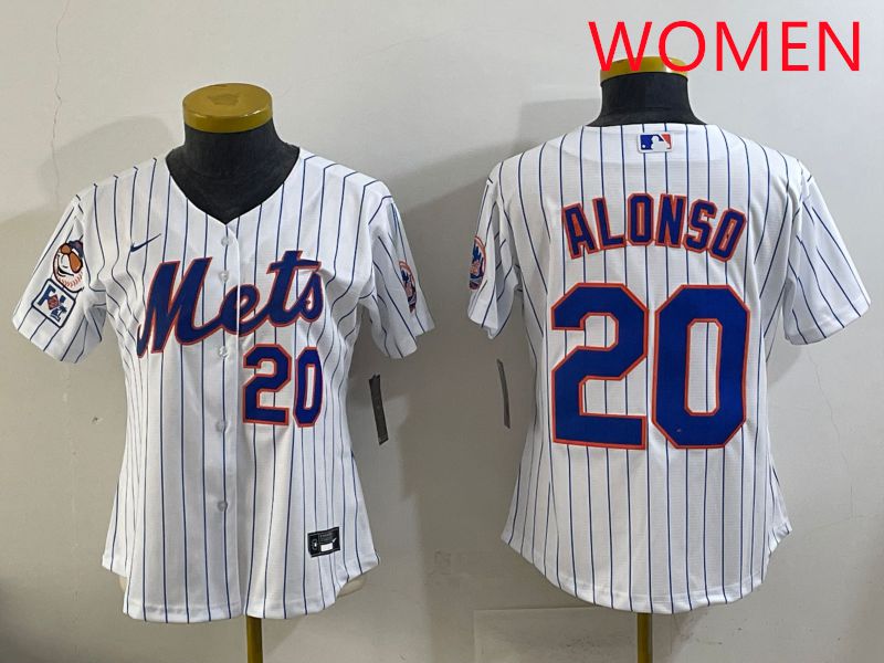 Women New York Mets #20 Alonso White Stripe Game 2025 Nike MLB Jersey style 9